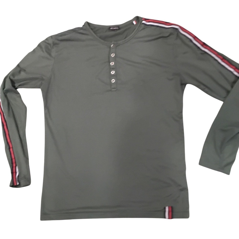 Key Largo Mens Olive Green Long Sleeve Henley Shirt Racing Stripe Detail Size M